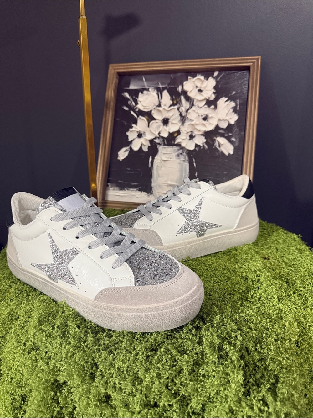 White Sneakers with Silver Glitter Star Accent
